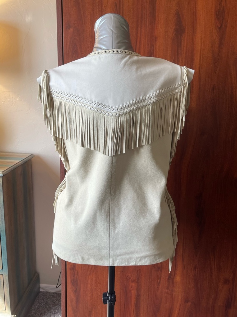 IRO Lamb Leather Cream Fringe-Trim Tank Top with Studded Neckline - Picture 3 of 6